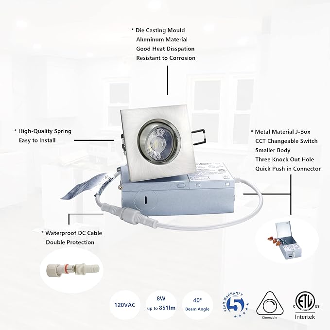 Canless Recessed Gimbal Downlight Rotatable-Spotlight 5 CCT Adjustable 3 Inch Eyeball Ceilling Potlight, Dimmable Recessed Lights Fixture with Junction Box, 8W, Brushed Nickel Square Trim, 6P
