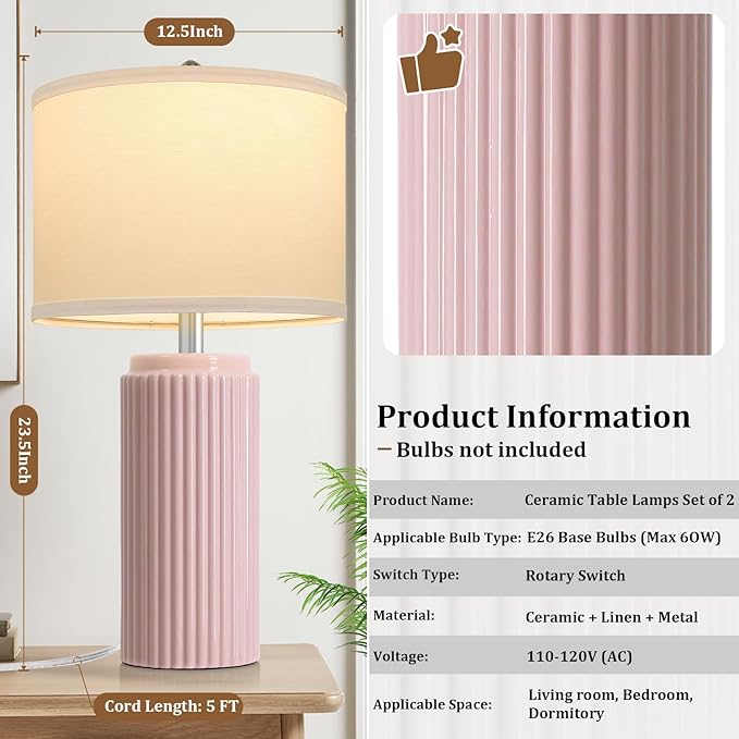 23.5’’ Modern Pink Table Lamps Set of 2 for Living Room, Ceramic Bedside Lamps with White Linen Shade for Girls Room, Rustic Nightstand Lamps for Bedroom Home Office, Cute Lamps for End Table Dorm