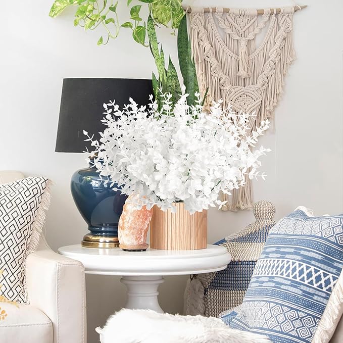 Artificial Fake Outdoor Plants Flowers for Spring Decoration, Faux Plastic Plants Outdoor Flowers UV Resistant Realistic for Home Outside Planter Window Porch Patio Garden(Pure White Eucalyptus)