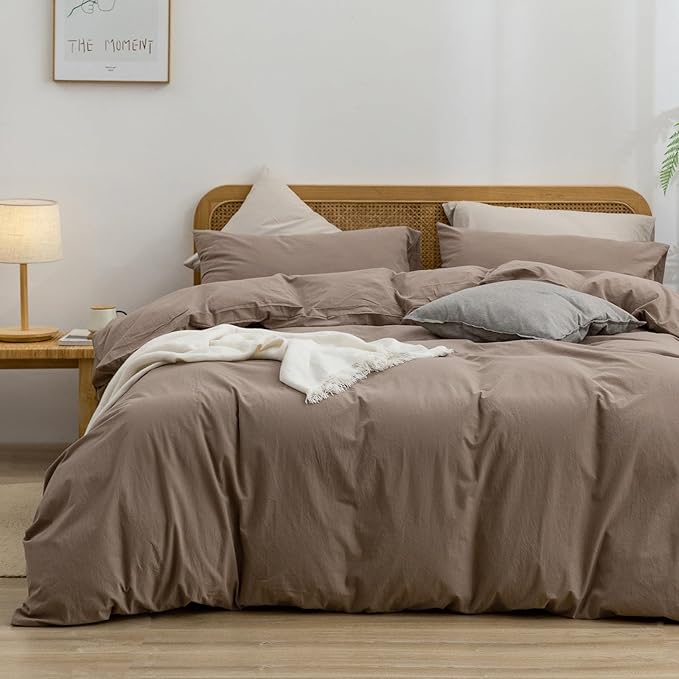BESTOUCH Duvet Cover Set 100% Washed Cotton Linen Feel Super Soft Comfortable Chic Lightweight 2 PCs Home Bedding Set Solid Pine Bark Brown Twin/Twin XL