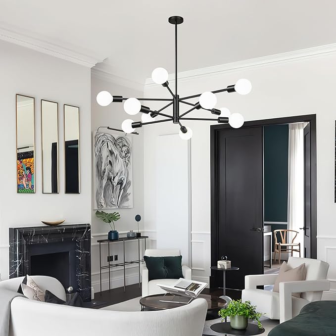 Sputnik Chandeliers Dining Room Light Fixture (10-Light, 33-Inch), Modern Black Chandelier, Height Adjustable Mid Century Modern Chandeliers for Dining Room Kitchen Island