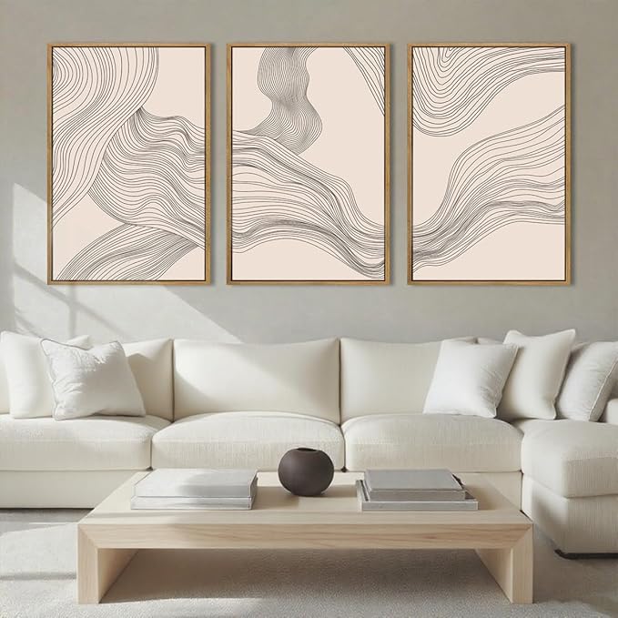 Neutral Abstract Wall Art Framed Modern Beige Wave Wall Decor for Bathroom Living Room Bedroom 16x24 Inch Set of 3