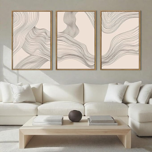 Neutral Abstract Wall Art Framed Modern Beige Wave Wall Decor for Bathroom Living Room Bedroom 16x24 Inch Set of 3