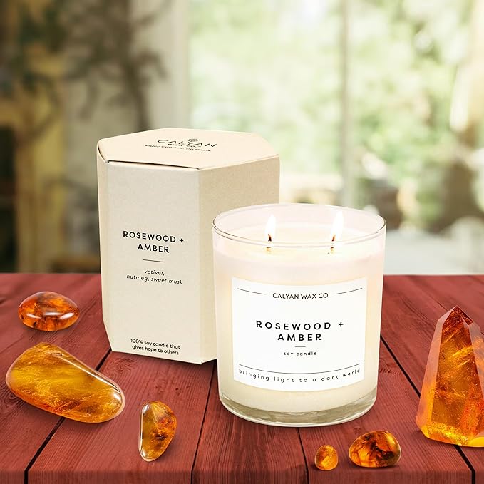 Calyan Wax Co. 2 Wick Candle, Rosewood + Amber Scented Candle, 37 Hour Burn Time, Aromatherapy Soy Candles, Non Toxic & Vegan Soy Wax, Glass Tumbler Scented Candles, 12.5oz