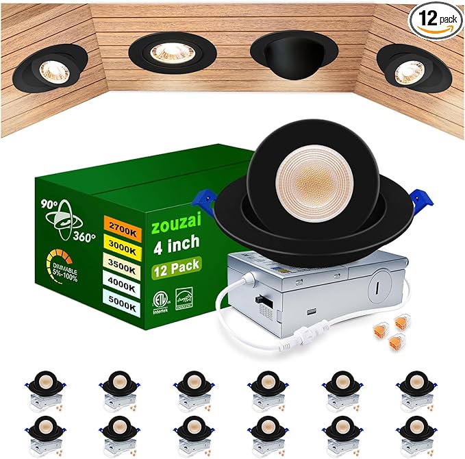 zouzai Second Generation 5CCT LED Gimbal Led Recessed Light with Junction Box, 360°+90° Adjustable Directional Eyeball Lighting, Dimmable, 2700K-5000K,ETL&Energy Star (Black 12 Pack, 4 inch)