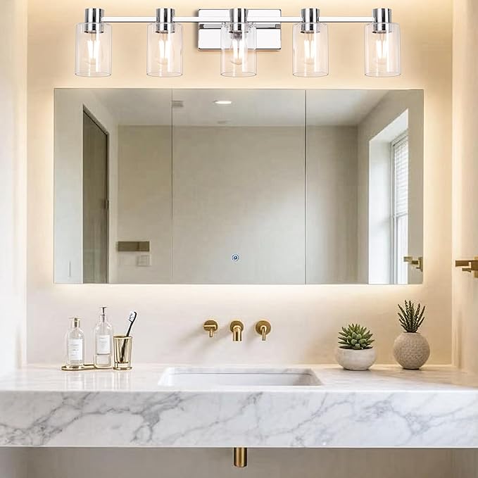 5-Light Modern Vanity Light Fixtures Over Mirror, Chrome Bathroom Light Fixtures, Vanity Lights, Wall Sconce with Clear Glass Shade for Bathroom, E26 Base
