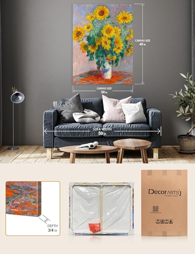 DECORARTS - Sunflowers by Claude Monet, Museum-Quality Giclee Canvas Print, Wall Art Reproduction, 30" W x 40" H, Made in USA