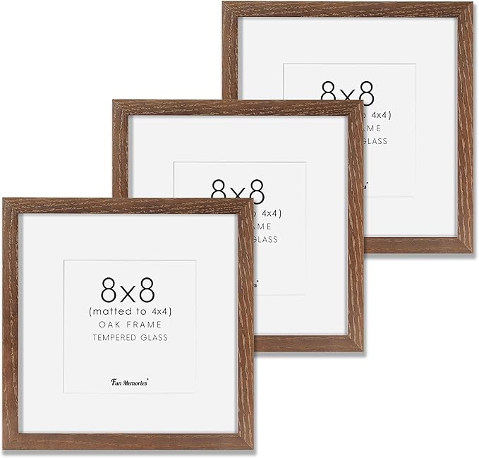 8x8 Picture Frames Set of 3, Solid Oak Wood 8”x8” Picture Frame Matted to 4”x4”,Square 8 x 8 Natural Wood Frame with Tempered Real Glass, Rustic 8x8 Photo Frame for Wall & Tabletop Display