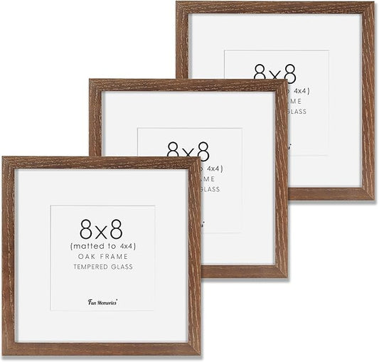 8x8 Picture Frames Set of 3, Solid Oak Wood 8”x8” Picture Frame Matted to 4”x4”,Square 8 x 8 Natural Wood Frame with Tempered Real Glass, Rustic 8x8 Photo Frame for Wall & Tabletop Display