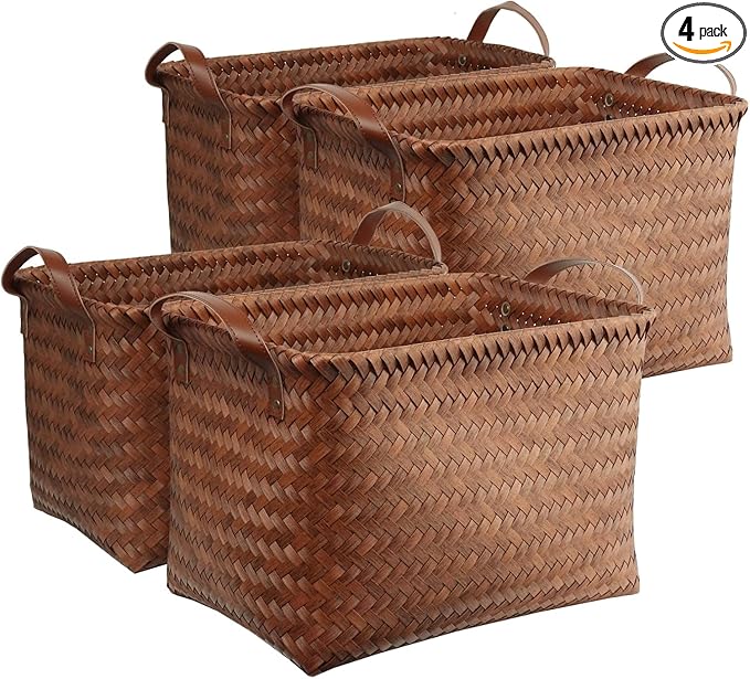 BROWNLILY Handwoven Clothes Basket Laundry Hampers Large Wicker Storage Baskets for Shelves Blankets Closet Storage Bins Car Bedroom Bathroom Organizers and Storage Bath (Pack of 4, Brown)