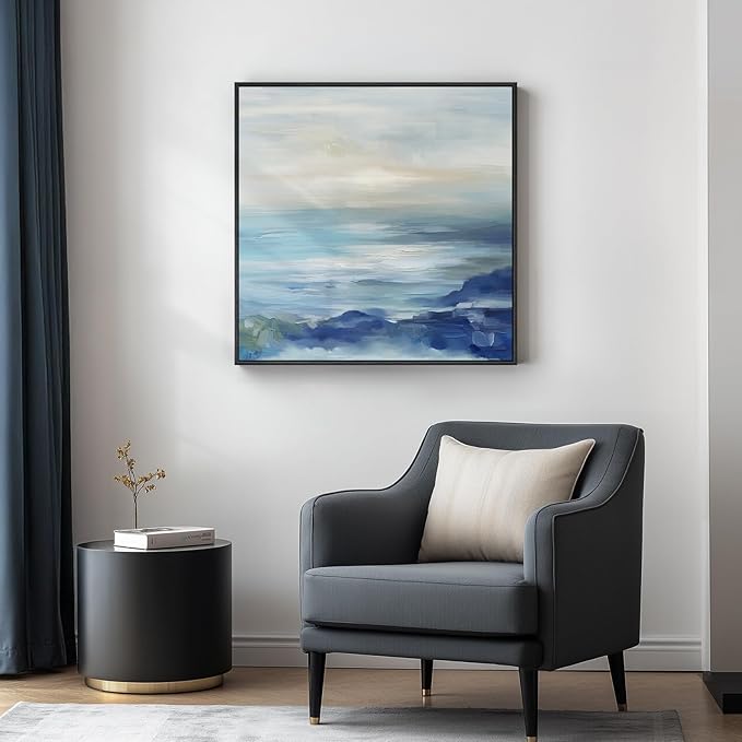 Framed Blue Abstract Wall Art for Living Room, Large Coastal Canvas Artwork for Walls Decor, Seascape Square Beach Ocean Minimalist Paintings Prints for Hallway Bedroom Office Wall Decor, 30x30 Inch