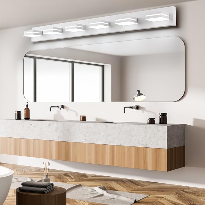 SineRise LED Modern Bathroom Vanity Light Fixtures (6-Light, 48-Inch, Dimmable), Matte White Modern Acrylic Bathroom Wall Lighting Fixtures Over Mirror (Cool White 6000K)