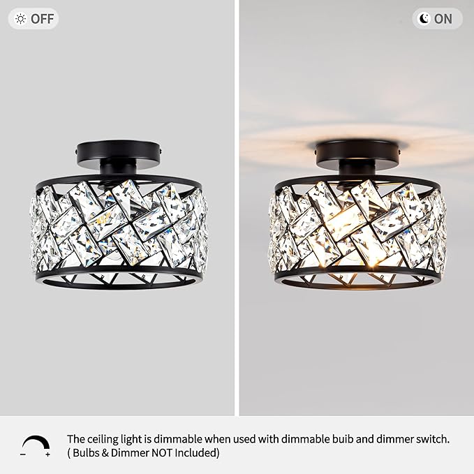 Crystal Ceiling Light Fixture, Modern Semi Flush Mount Ceiling Light,Crystal Chandelier for Kitchen Bedroom Bathroom Entryway, Black Finish