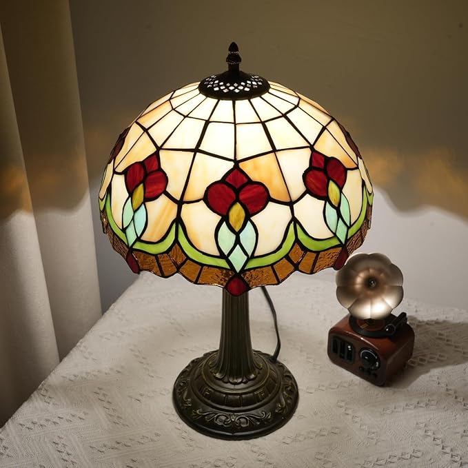 Red Tuilp Tiffany Lamp Stained Glass Table Lamps Antique Vintage Style Bedside Nightstand Nightstand Decor Living Room Bedroom Office Home Retro Bar Hotel 12 Inch Unique Flower Reading Desk Lamps
