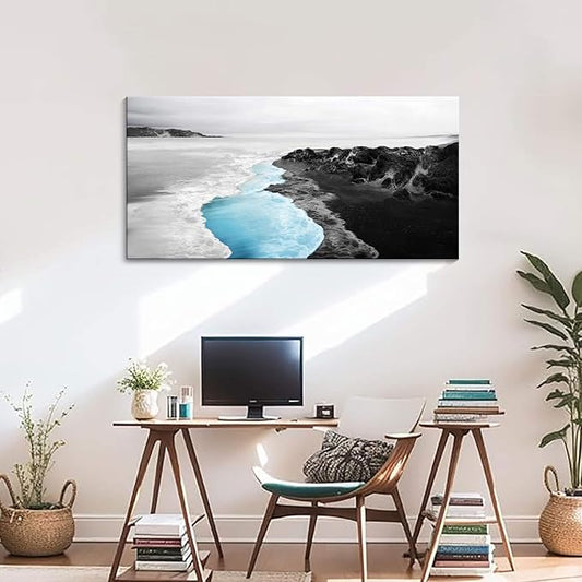 YCPRIMER Blue Beach Wall Art - Large Canvas Coastal Decor Ocean Landscape Painting,Moden Seaside Picture for Living Room,Bathroom,Bedroom Artwork Wall Decoration Size 24×48Inch