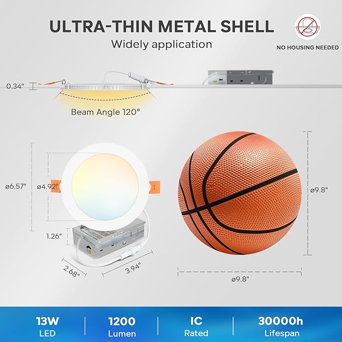 LVWIT 12 Pack Recessed Lighting 6 Inch with Junction Box, Ultra-Thin Dimmable 1200LM 2700K-5000K Wafer Downlight, Canless Smooth Trim LED Ceiling Light with ETL,FCC&IC