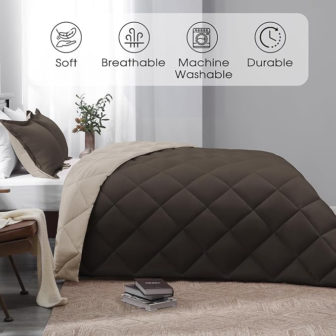 Basic Beyond Queen Comforter Set - Brown Comforter Set Queen, Reversible Bed Comforter Queen Set for All Seasons, Brown/Ivory, 1 Comforter (88"x92") and 2 Pillow Shams (20"x26"+2")