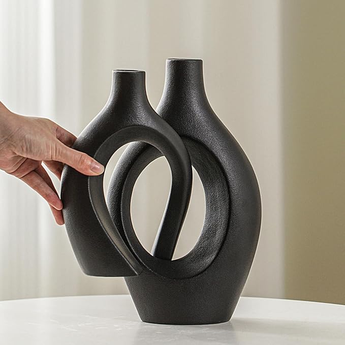Snuggle Hollow Modern Ceramic Vase Set of 2, Mid Century Nordic Aesthetic Decorative Vase Decorative Vases for Home Table Decor (Matte Black W 6.8" X H 11")
