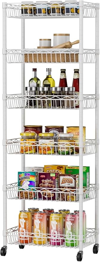 6 Tier Basket Shelf Wire Shelving Unit Adjustable Storage Shelves Big Basket Rack for Garage Kitchen Office Pantry Corner 17.2" Dx12.2 Wx63 H White