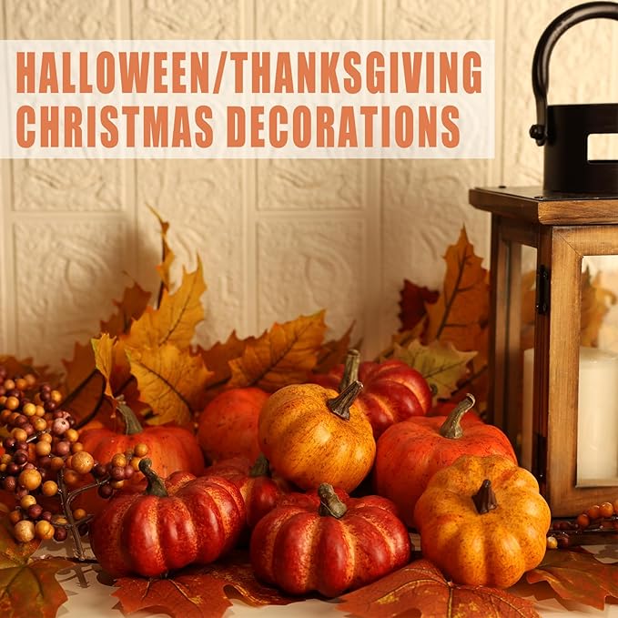 Realistic Mini Pumpkin Decor Indoor 16PCS Artificial Pumpkins for Fall Decorations for Home Fall Centerpieces for Tables Outdoor Thanksgiving Halloween Party/Berries Maple Leaf Autumn Fillers decor