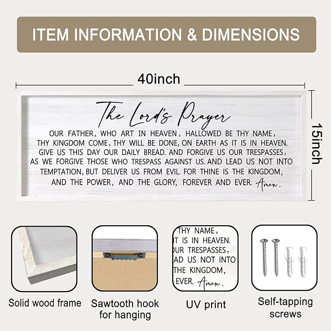 Our Father Prayer Bible Verse Framed Wall Art, 40''×15'' White Horizontal Religious Christian Lords Prayer Sign for God Jesus Christ Prayer, Rustic Holy Inspirational Catholic Scripture Decor