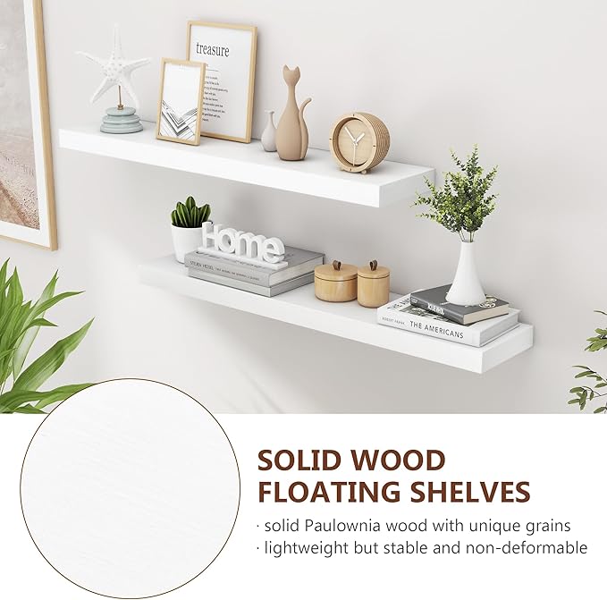 fuqing 36 Inch White Floating Shelves for Wall, Solid Wood White Floating Shelves Set of 2, Lightweight Wood Wall Mounted Shelves for Bathroom Bedroom Living Room Kitchen