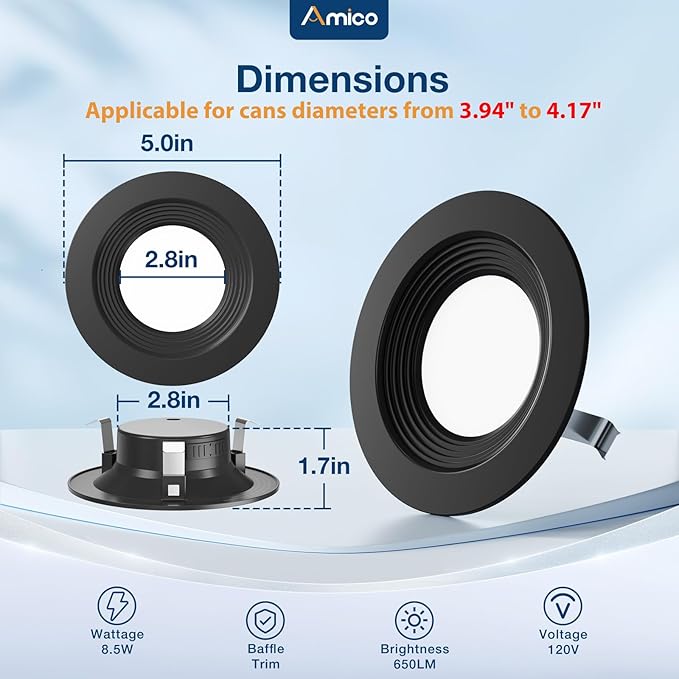 Amico 24 Pack 4 inch 5CCT LED Recessed Lighting, Dimmable, 8.5W=60W, 650LM, 2700K/3000K/4000K/5000K/6000K Selectable, Retrofit Can Lights with Baffle Trim, IC Rated - ETL & FCC, Black