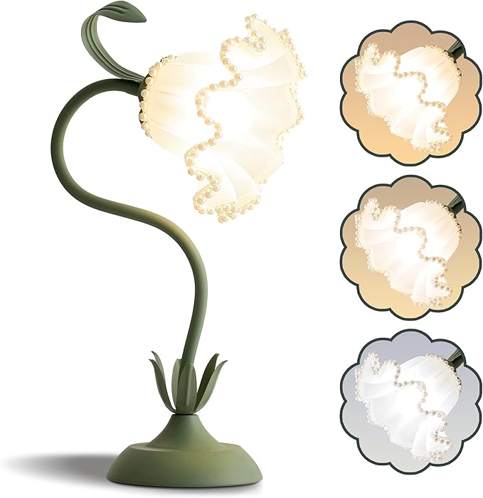Flower Table Lamp Bedside Lamps LED Reading Light,3 Color Modes Cute Small Lamp,Vintage Flower Lamp Kawaii Table Lamp for Bedroom Living Room Office Dorm Desk Home Decor (Pearl Green lamp)