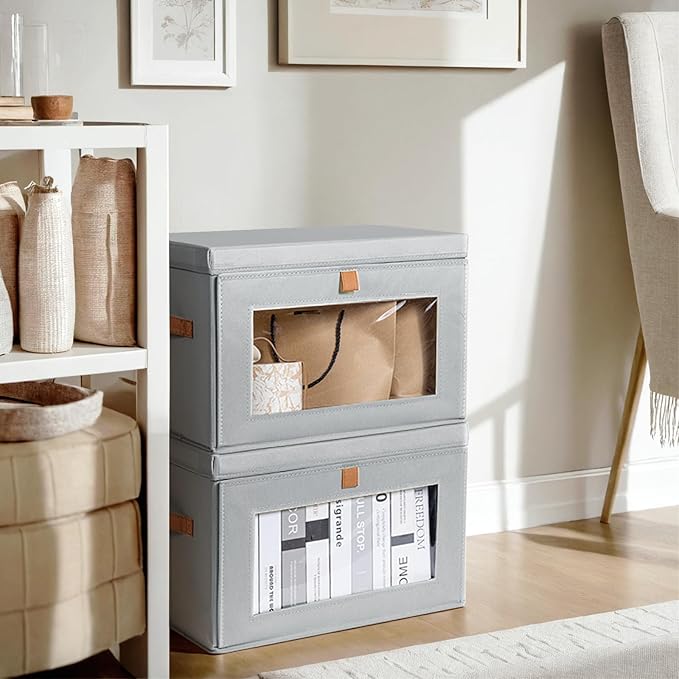 Large Closet Storage Bins - Collapsible Storage Bins with Handles & Window, Fabric Cube Organizer with Lids, Decorative Boxes for Living Room, Closet, Dorm, 4 Pack, Grey