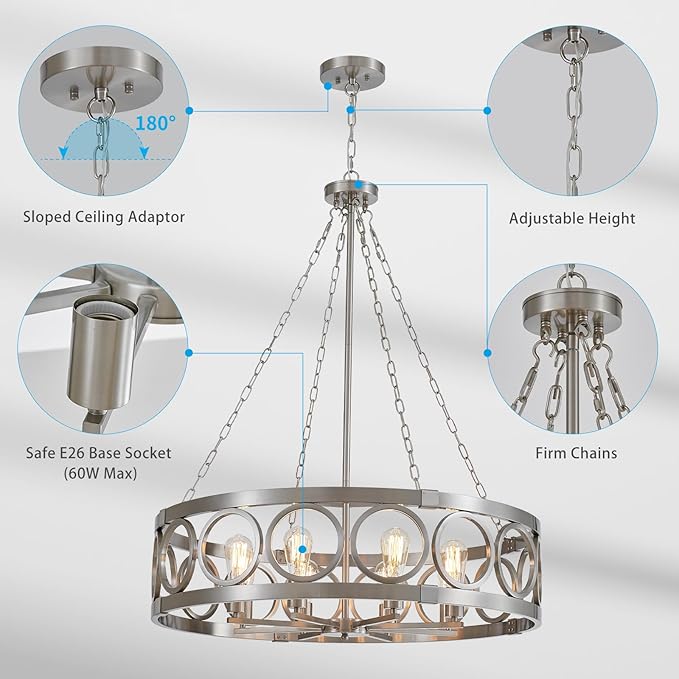 XINGQI Large Drum Chandelier 32.3" Modern Brushed Nickel 8-Light Round Chandeliers for Dining Room Living Room Office Kitchen Island Rustic Pendant Lighting Fixture Over Table