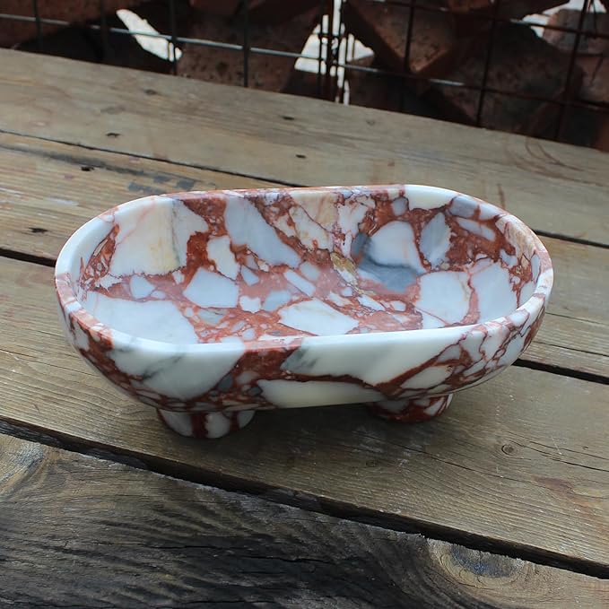 Natural Oval Calacatta Red Marble Fruit Bowl for Kitchen Counter 10", Large Decorative Bowl Two-Legs for Home Decor, Fruits Holder For Dining Table - Kitchen Organization