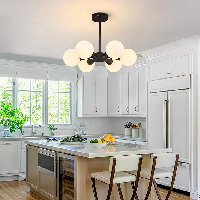 Modern Ceiling Light with Milk White Glass lampshade Black Semi Flush Mount Ceiling Light Fixture Sputnik Chandelier for Bedroom Living Room Dining Room Foyer Hallway(6-Lights)