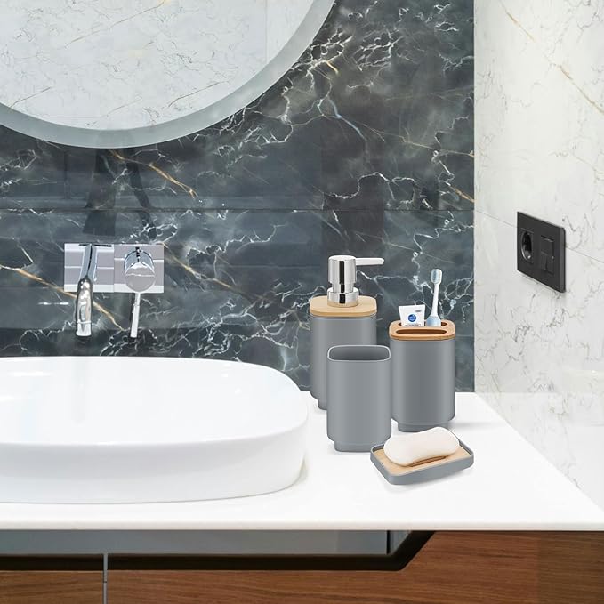 Bathroom Accessories Set,Grey Bathroom Set,24 Pieces Bathroom Accessory Set with Shower Curtain,Trash Can for Bathroom Accessories Décor and Home Gifts