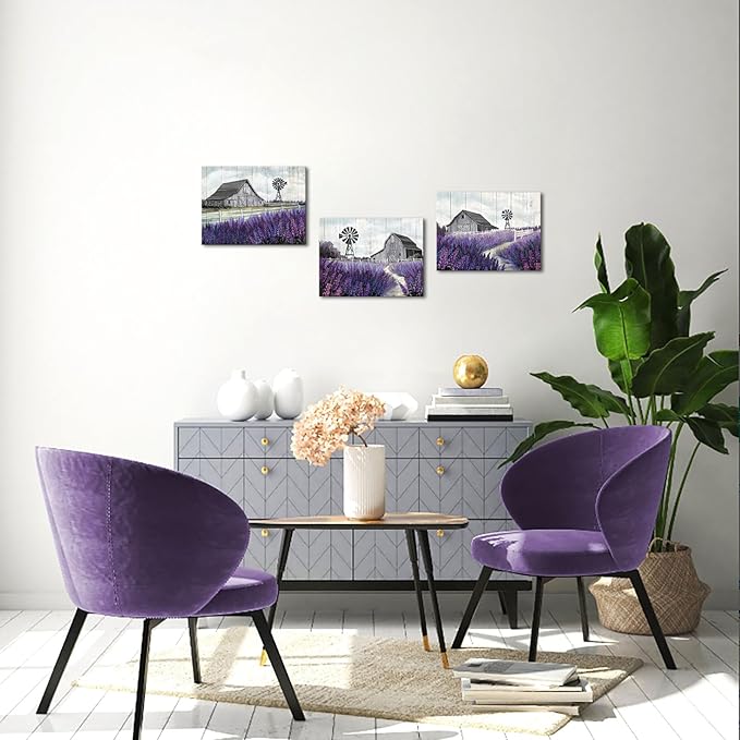 RyounoArt Farmhouse Wall Art Barn Windmill Lavender Pictures Countryside Rural Landscape Canvas Painting Wall Decor Framed Ready to Hang 12 * 16 inches* 3pcs