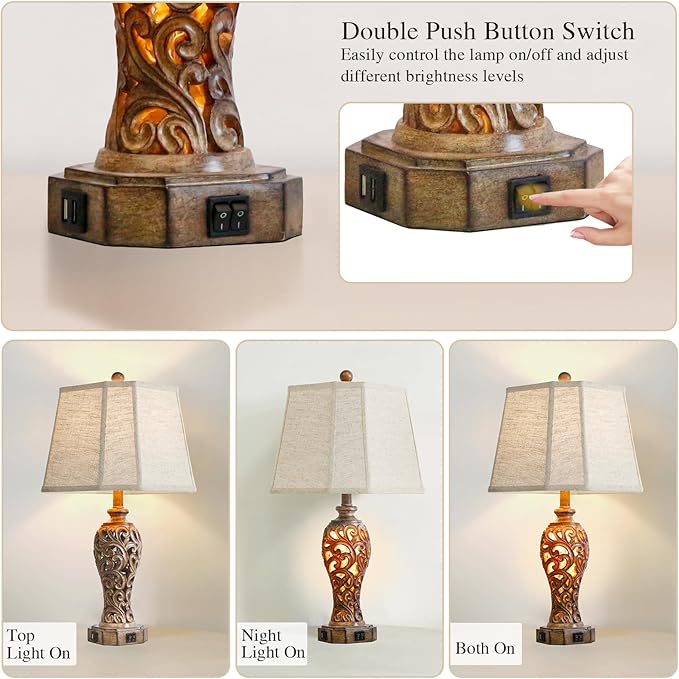 Set of 2 Rustic Table Lamps for Living Room Bedroom, 2 USB Ports 25'' Vintage Farmhouse Desk Lamp with Nightlight, Brown Hollow Out Resin Lamp for End Table (Bulbs Included)