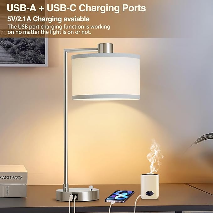 Luvkczc Table Lamps for Living Room with USB C+A Ports - Fully Stepless Dimmable Bedsides Lamp with Linen Lampshade, Lamps for Night Stands Bedroom Reading Office, 2 LED Bulbs Included (Silver)