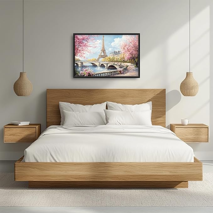 Eiffel Tower Framed Wall Art for Living Room, Large Paris Tower Canvas Wall Decor, Pink Cityscape Pictures Painting, Natural Landscape Modern Artwork for Bathroom Bedroom 36L'' × 24W''