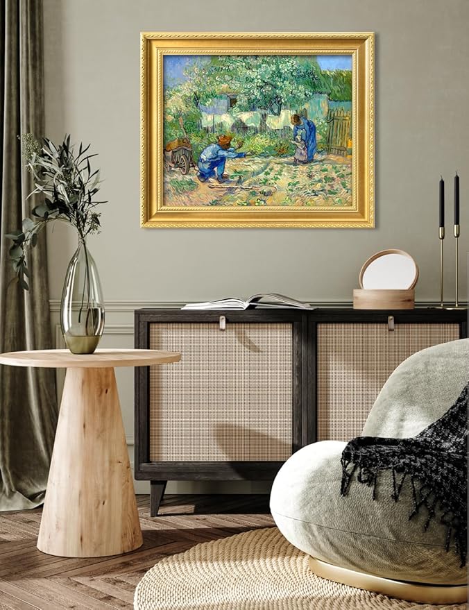 DECORARTS - First Steps, after Millet by Vincent Van Gogh. Giclee Print on Acid-Free Canvas in Gold Solid Wood Frame. Picture Size: 20x16, Total Size: 24.75x20.75, Made in USA