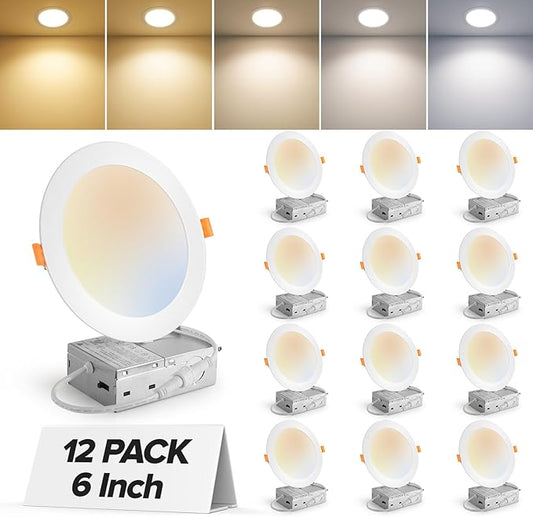 MAILCOS 12 Pack 6 Inch 5CCT Ultra-Thin LED Recessed Ceiling Light with Junction Box, 2700K-5000K Selectable, 1050LM High Brightness, Dimmable Canless Wafer Downlight, 12W 120V, ETL