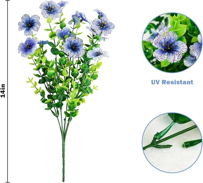 Agusbagli 10 Bundles Artificial Flowers Outdoor UV Resistant Fake Flowers No Fade Faux Plastic Greenery Shrub Plants for Wedding Home Garden Window Box Fireplace Thanksgiving Christmas Decor, Blue