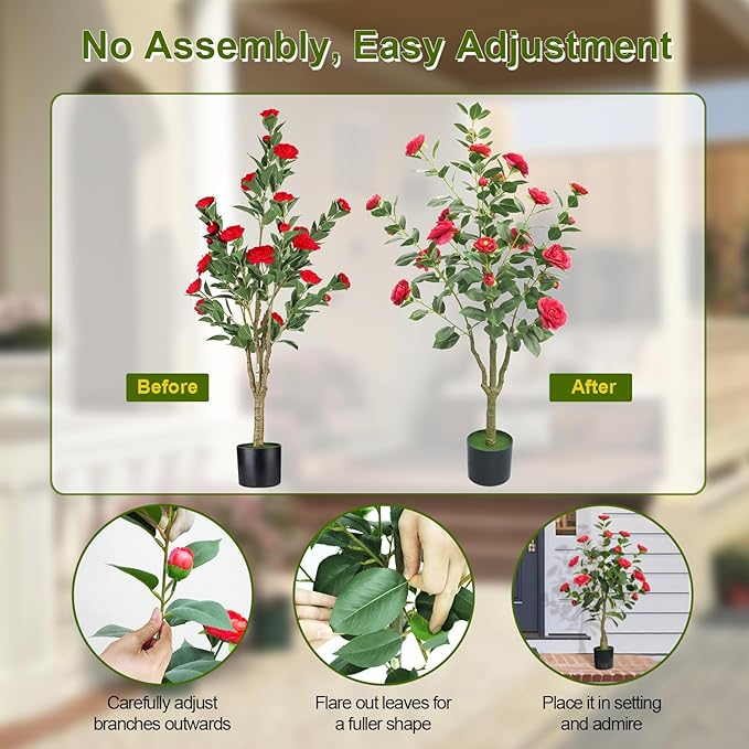 3ft Artificial Camellia Tree with White Silk Flowers - Realistic Faux Flowering Plant for Indoor/Outdoor Decor, Home Staging & Wedding Centerpieces, Set of 2-Red