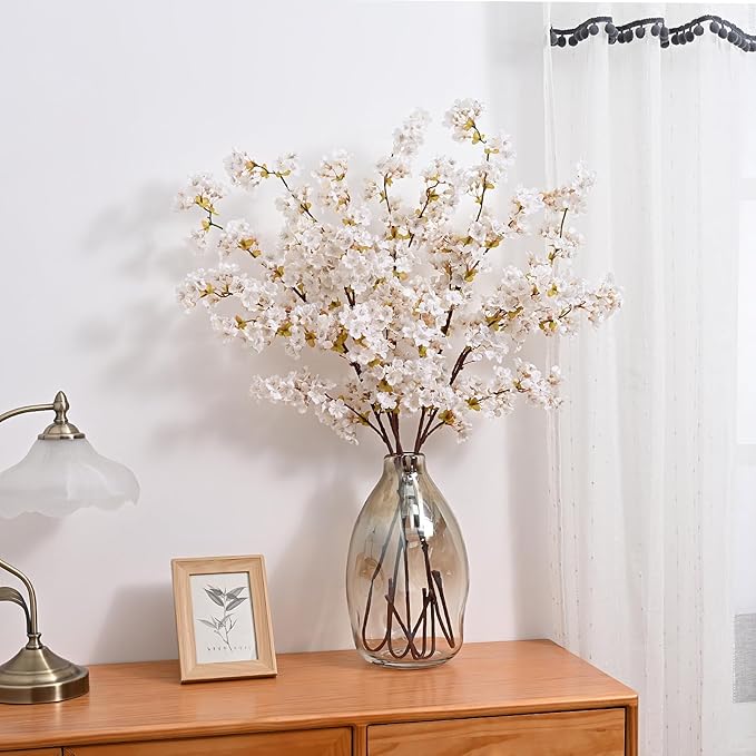 Sunm Boutique Silk Cherry Blossom Branches, Artificial Cherry Blossom Tree Stems Faux Cherry Flowers Vase Arrangements for Wedding Home Decor, Set of 5