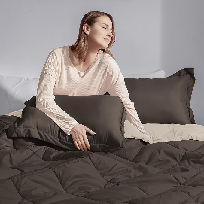Basic Beyond King Size Comforter Set - Brown Comforter Set King, Reversible King Bed Comforter Set for All Seasons, Brown/Ivory, 1 Comforter (104"x92") and 2 Pillow Shams (20"x36"+2")