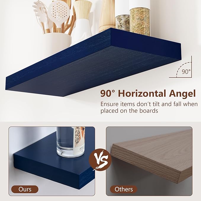 Solid Wood Floating Shelves Set of 3 - Modern Blue Shelves for Wall Decor Storage in Bedroom, Living Room, Bathroom, Kitchen - Dark Blue