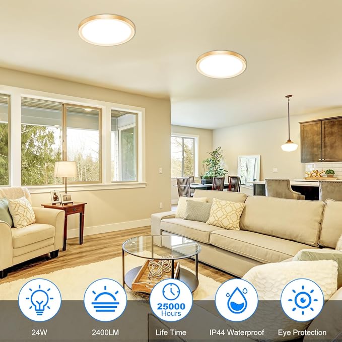 Peasur 12 Inch LED Ceiling Light Gold, 24W Slim Flush Mount Ceiling Light 3000K/4000K/6500K Adjustable, Modern Round Ceiling Lighting for Bedroom, Living Room, Kitchen(2 Pack)