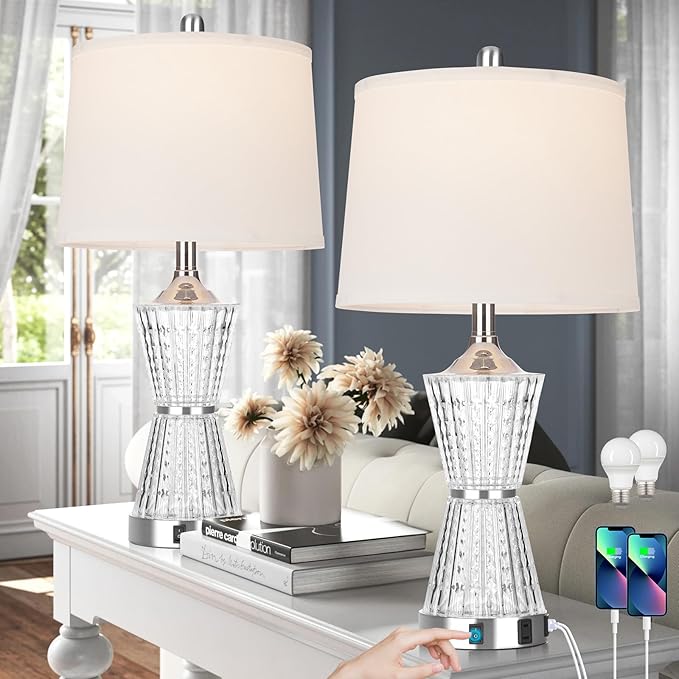 26" Modern Table Lamps, Set of 2 Table Lamp Night Light with 2 USB Charging Ports & AC Outlet, Bedside Nightstand Lamp White Shade for Living Room Bedroom Home Decor Silver(LED Bulbs Included)