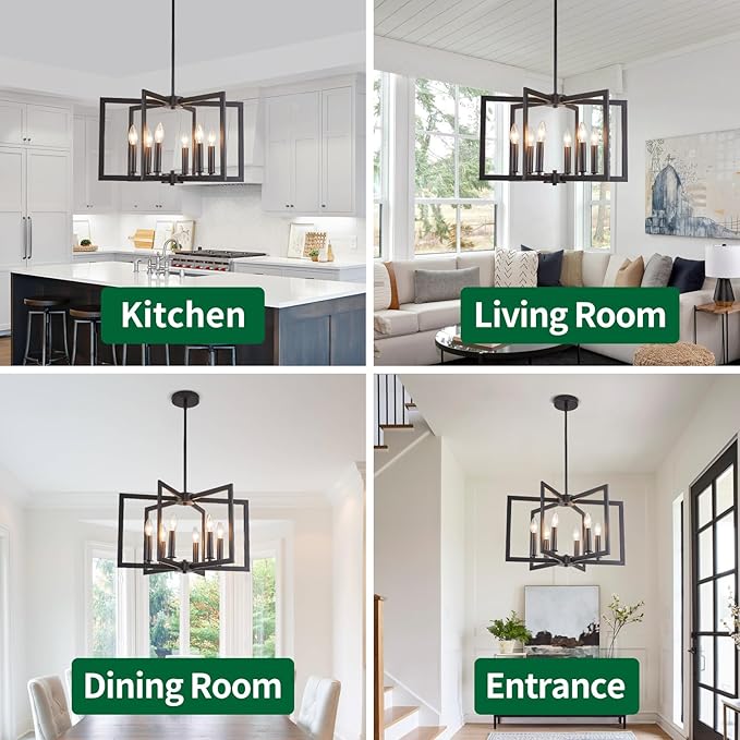 Dining Room Light Fixture, Modern Black Chandelier Farmhouse Metal Pendant Light for Foyer Enteyway Living Room Kitchen Island, 6 Wrought Iron Lights E12 Bulbs, Height Adjustable, 21.2 inch