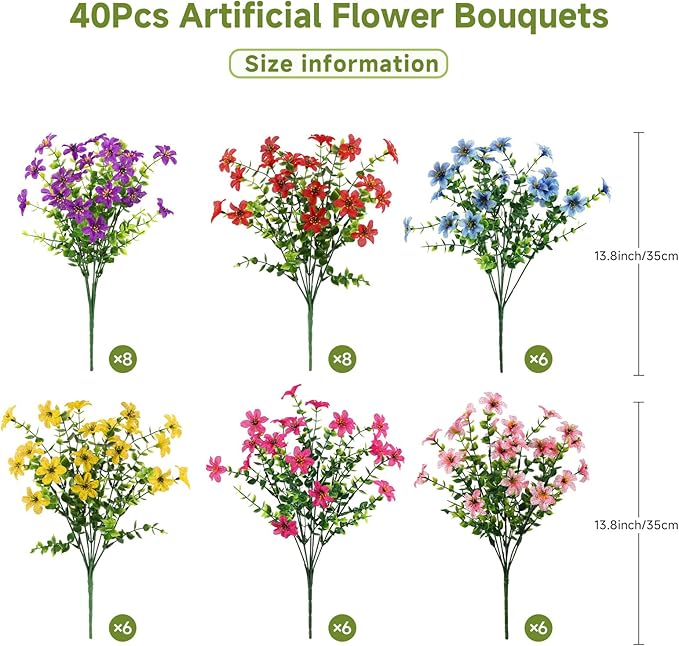SHareconn 40 Bundles Artificial Flowers for Outdoors Spring Decoration, Fake Silk Realistic Faux Plants UV Resistant for Outdoor Planter Porch Patio Summer Outside Decor, RedRosyPurpleBlueYellowPink