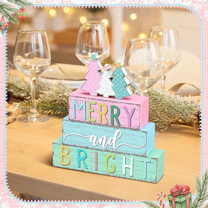 Geelin 4 Pcs Christmas Tree Table Sign Candy Color Wooden Decorative Signage Xmas Tiered Tray Decor Christmas Centerpieces Farmhouse Wooden Block Set Xmas Table Sign for Home