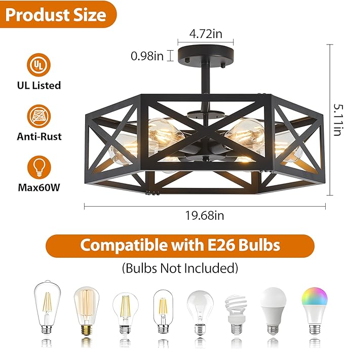 Modern Semi Flush Mount Ceiling Light,19.7" 6-Light Hexagon Flush Mount Ceiling Lights for Dining Room Light Fixture,Farmhouse Black Metal Kitchen Island Lighting Fixtures for Hallway,Bathroom